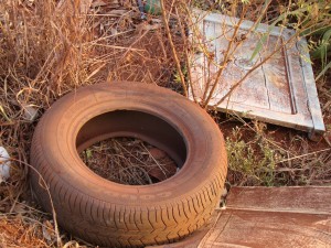 Pneu e sofás velhos jogados na beira da estrada sentido Cohab II/ Lixão Municipal